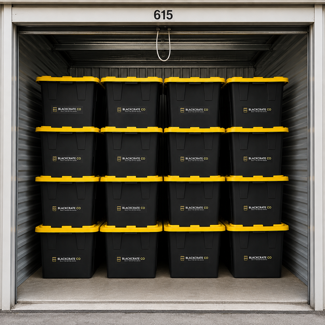 Stacked BlackCrate Co reusable moving crates in a storage unit