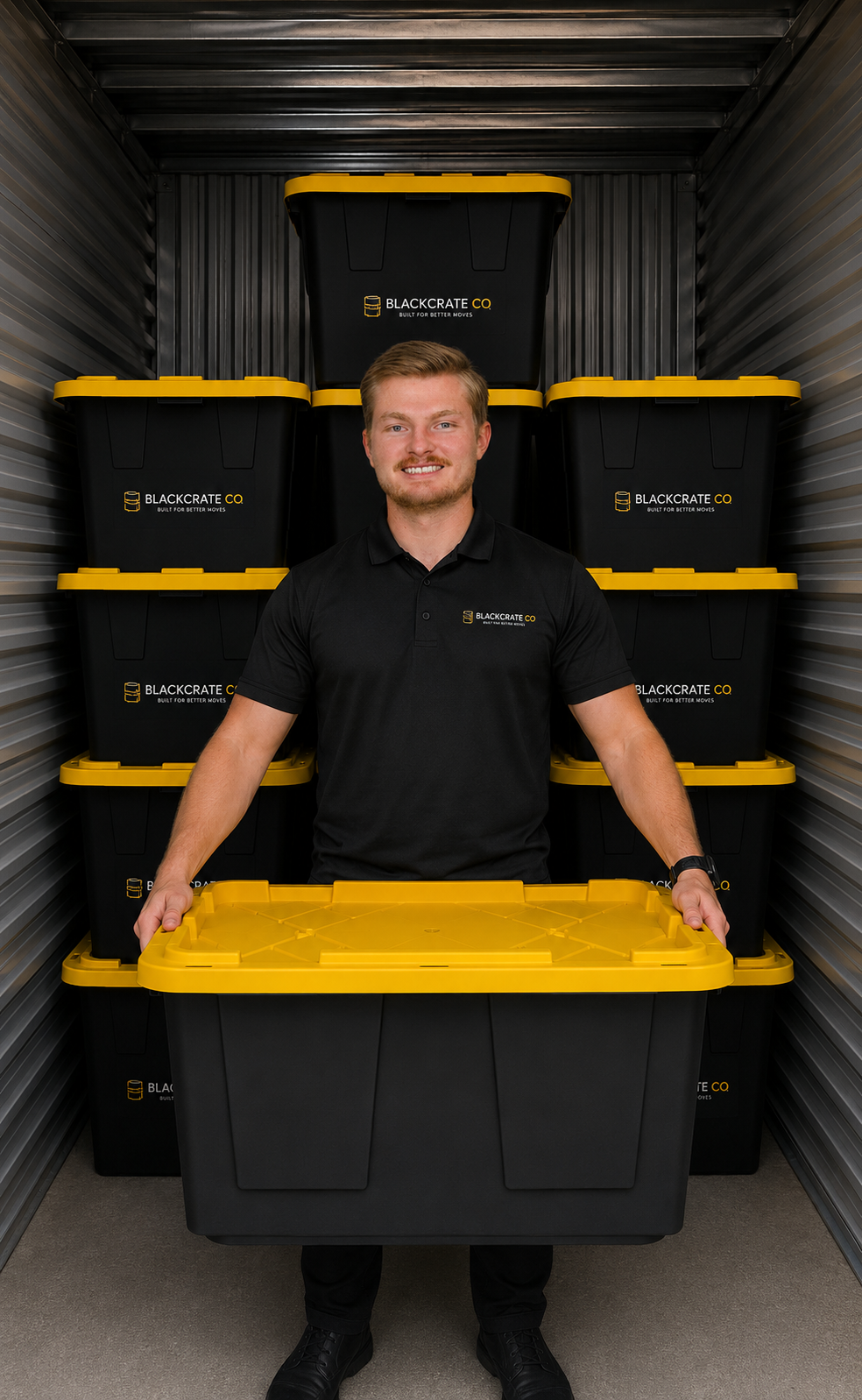 BlackCrate Co team member with a stack of reusable moving crates